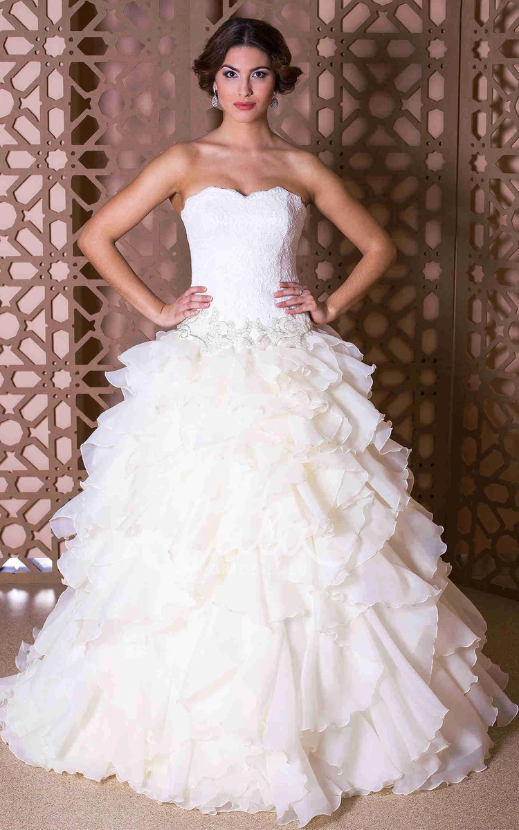 Strapless Organza Ball Gown Wedding Dress with Jeweled Cascading Ruffles