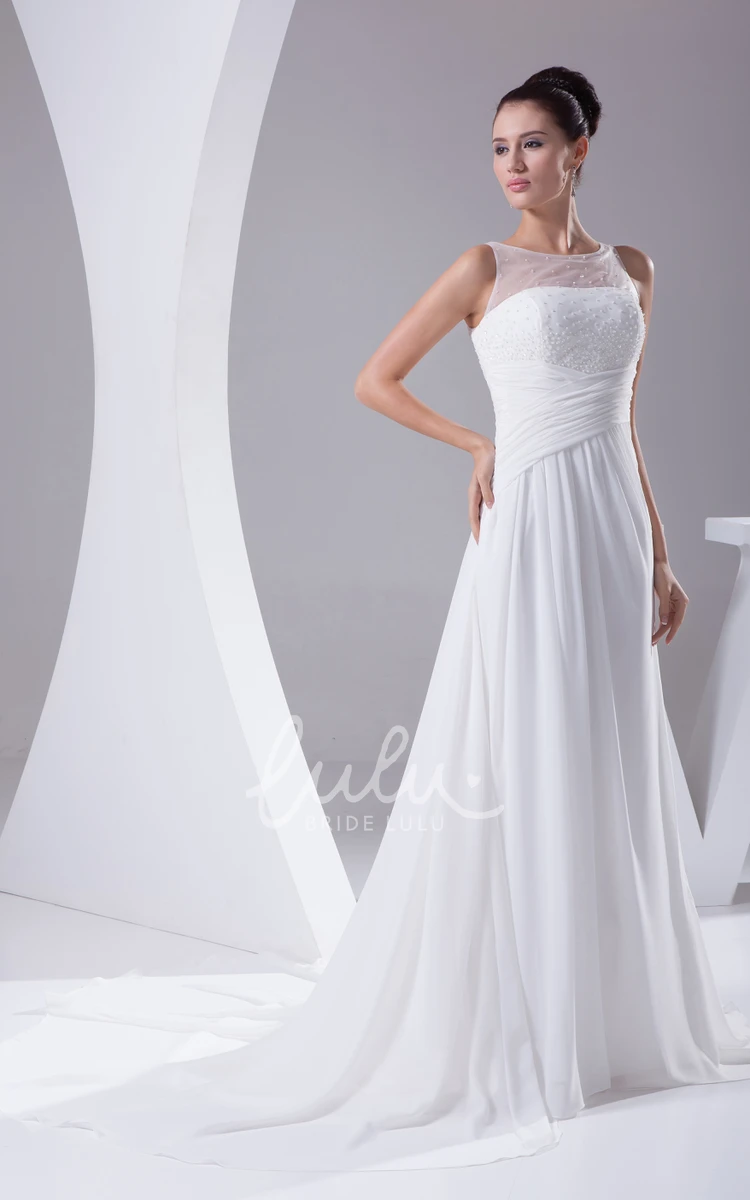 Beaded Chiffon Wedding Dress with Illusion Neckline Elegant and Modern