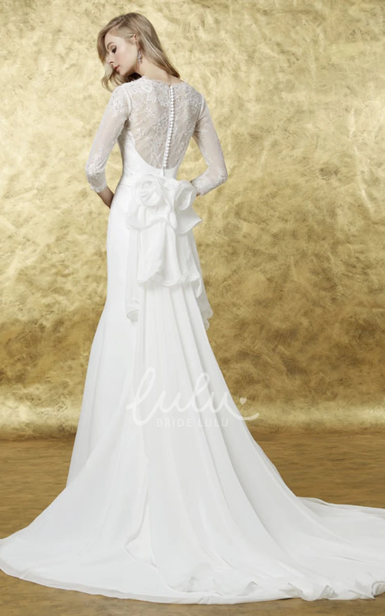 High Neck Floral Chiffon Wedding Dress A-Line Floor-Length with 3-4 Sleeves