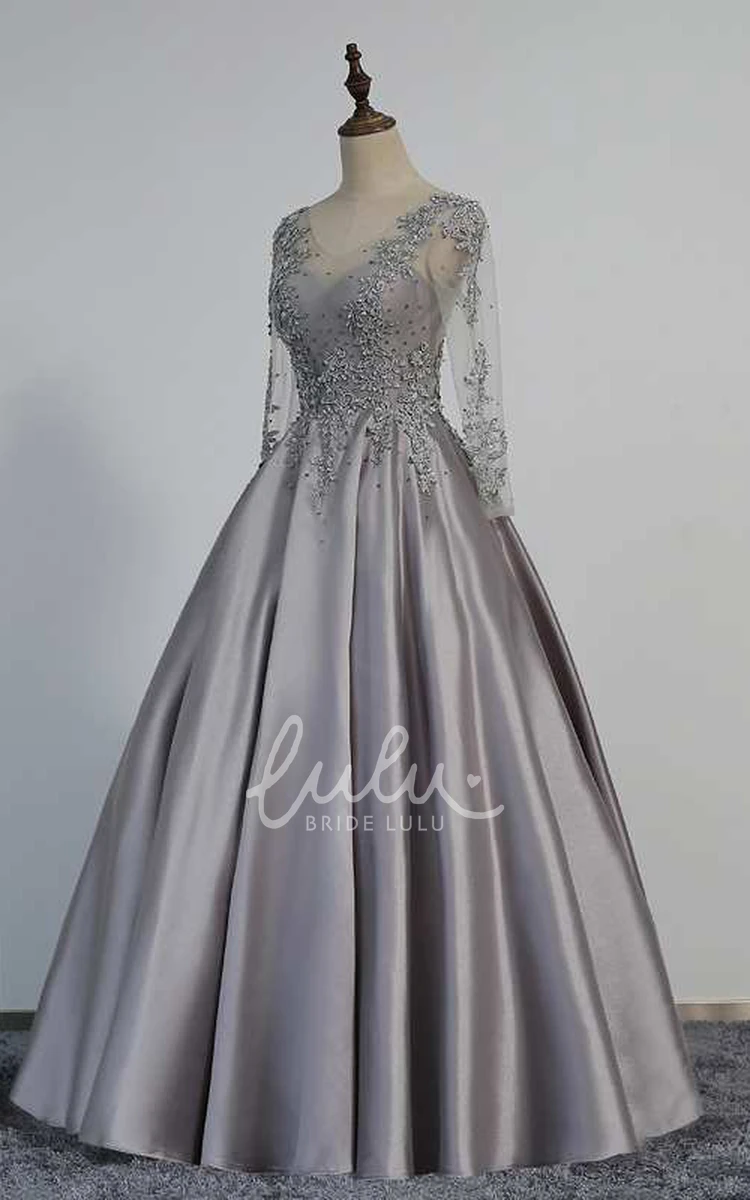 Satin Ball Gown with Illusion Long Sleeves and V-neckline