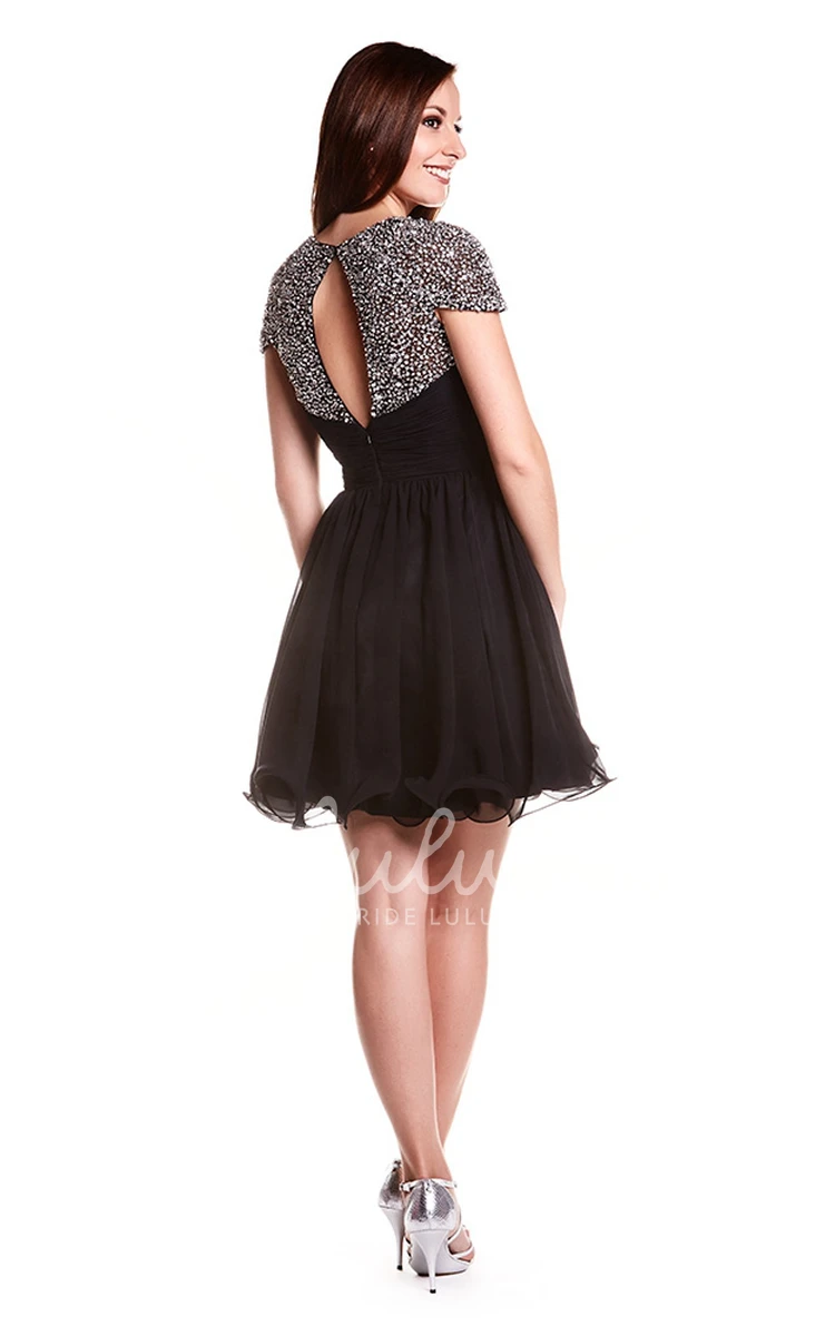 Cap-Sleeve Sweetheart Chiffon Prom Dress with Beading A-Line Short Keyhole Back