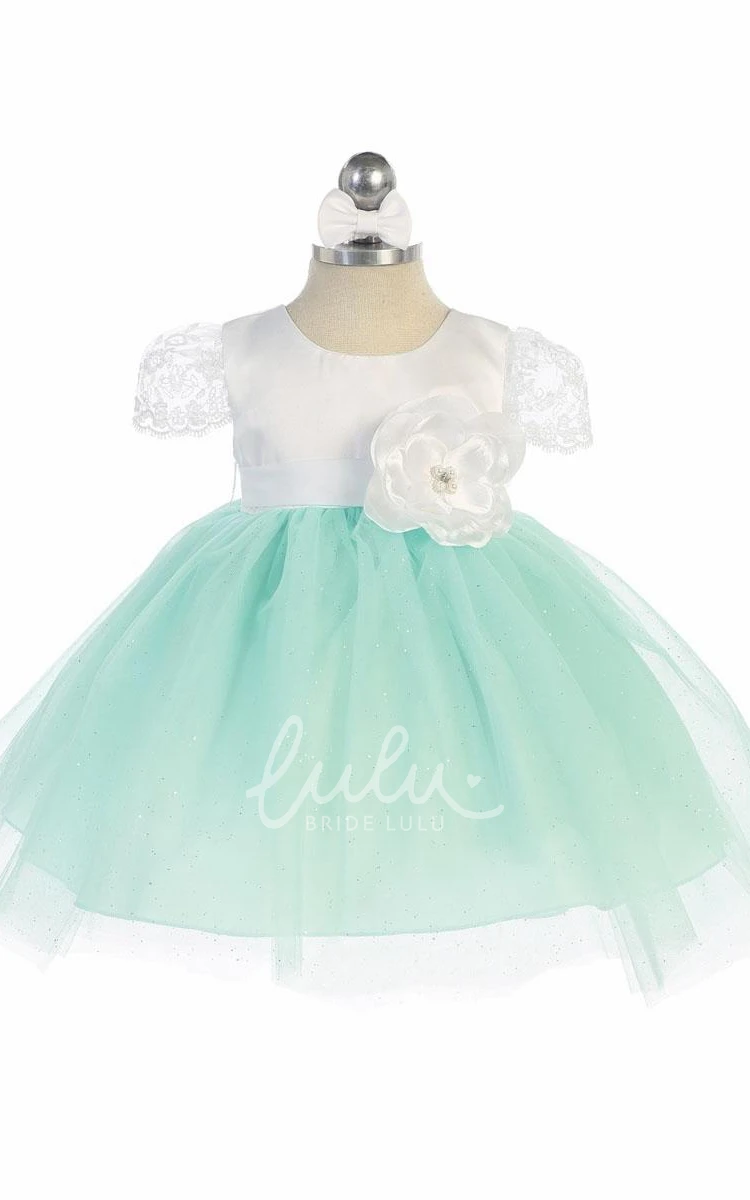 Tiered Tulle & Satin Floral Tea-Length Flower Girl Dress with Embroidery