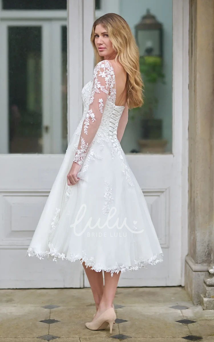 V Neck Romantic Tea Length Wedding Dress Modern Illusion Long Sleeves Lace Sweetheart Gown