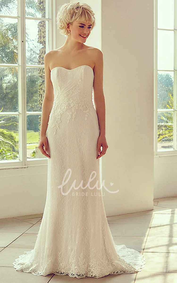 Lace Appliqued Strapless Wedding Dress with Brush Train Floor-Length Bridal Gown