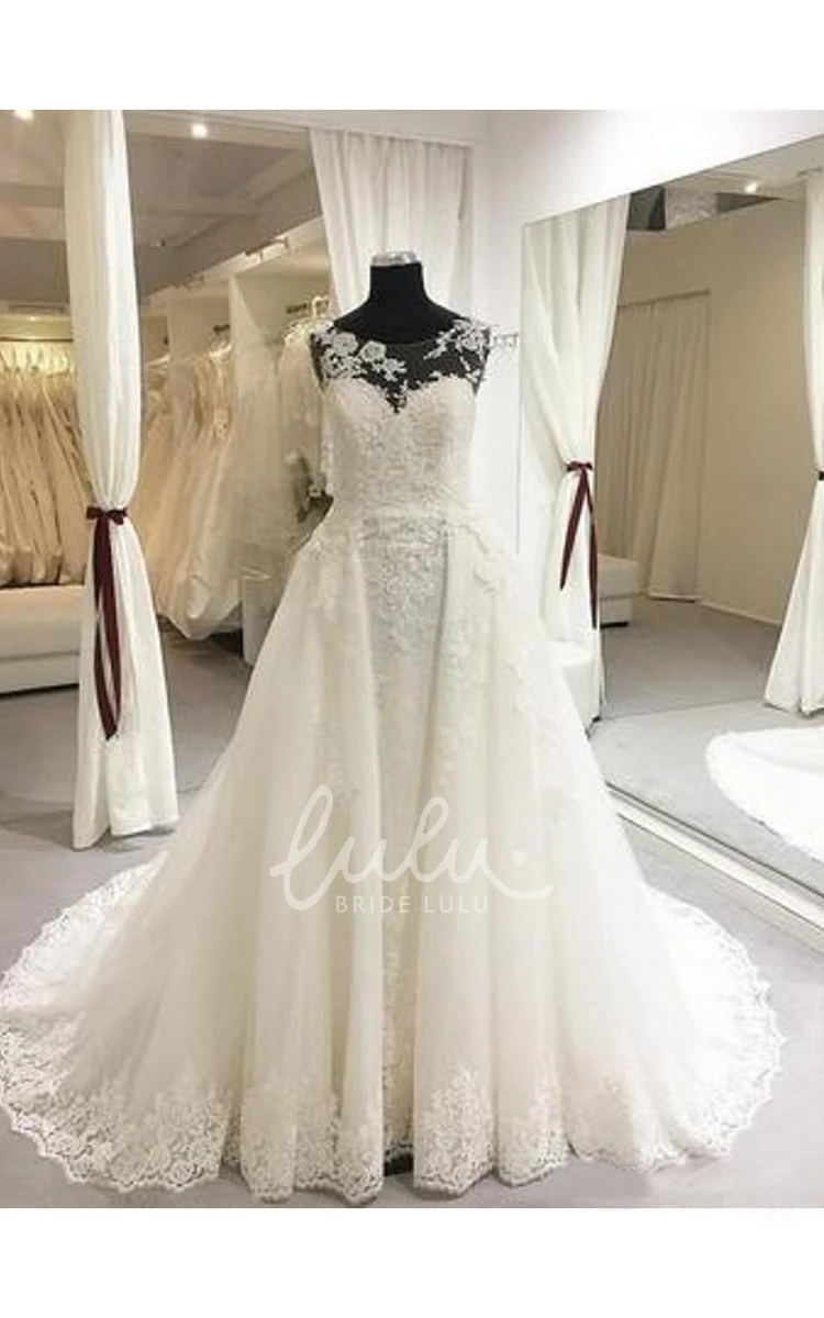 Delicate Appliques A-Line Wedding Dress with Lace Illusion Back and Brush Train