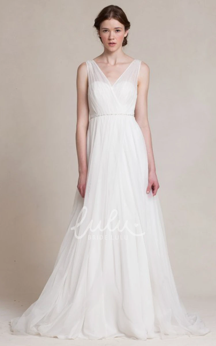 Sleeveless Tulle A-Line Wedding Dress with V-Neck and Jeweled Embellishments