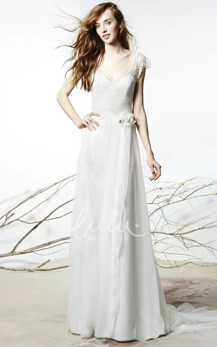 V-Neck Tulle&Lace Sheath Wedding Dress with Cap Sleeves and Flower Detail