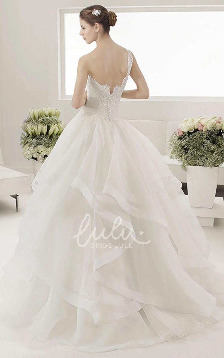 Lace Top Single Strap Bridal Gown with Layered Organza Skirt Unique Wedding Dress Women