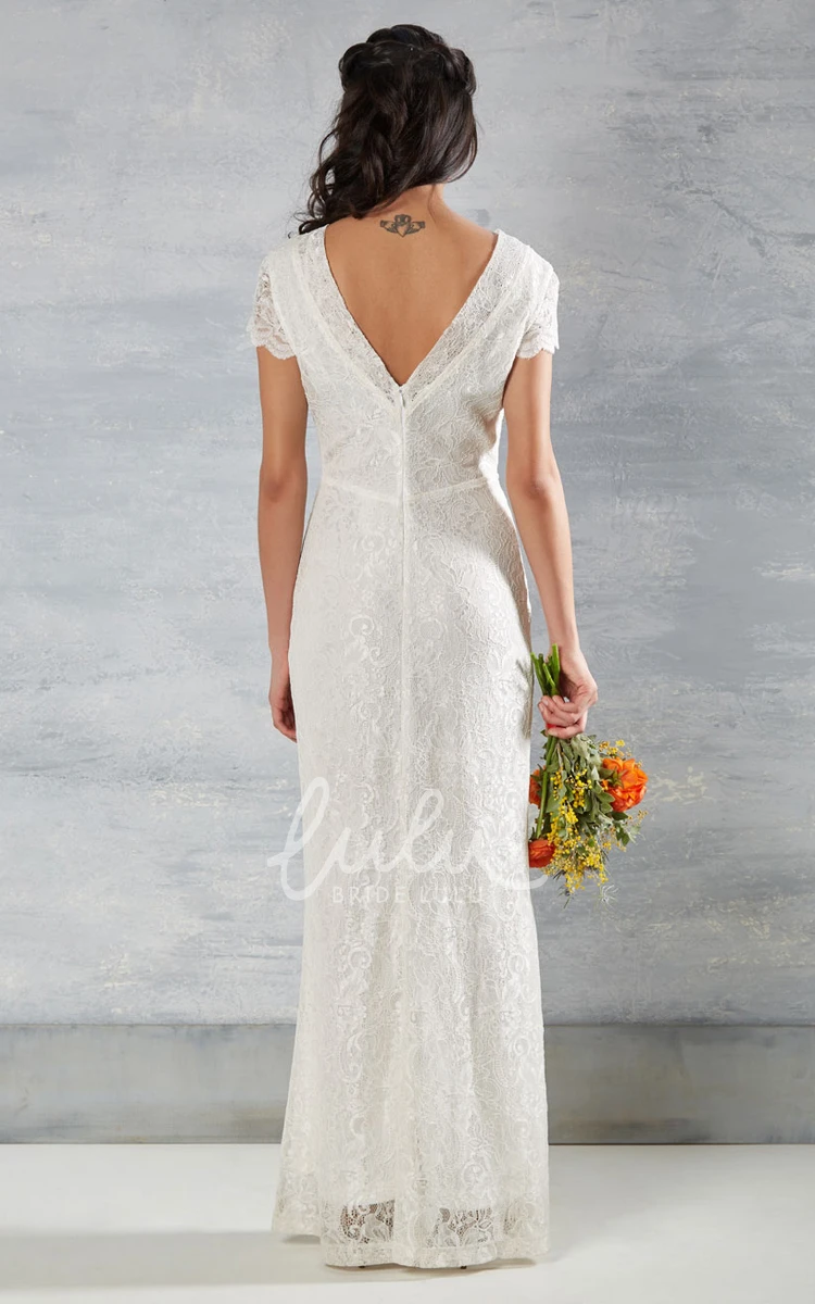 Maxi V-Neck Lace Wedding Dress with Cap-Sleeves Sheath