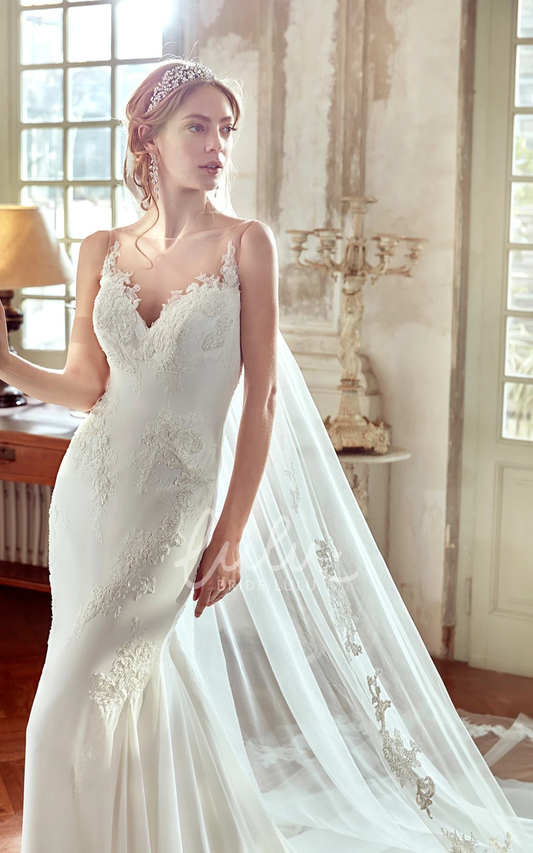 Illusive Neckline Sheath Wedding Dress with Lace Appliques Unique Bridal Gown