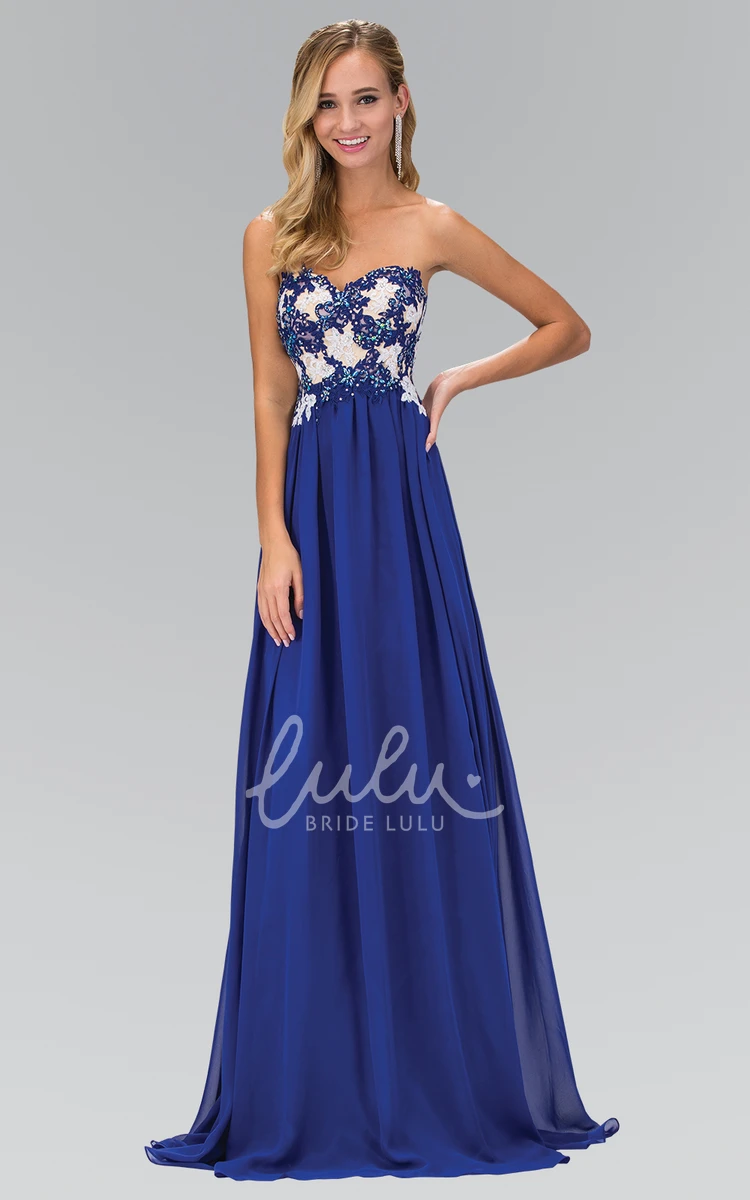 Sweetheart Sleeveless Chiffon A-Line Dress with Appliques Pleats and Backless Design