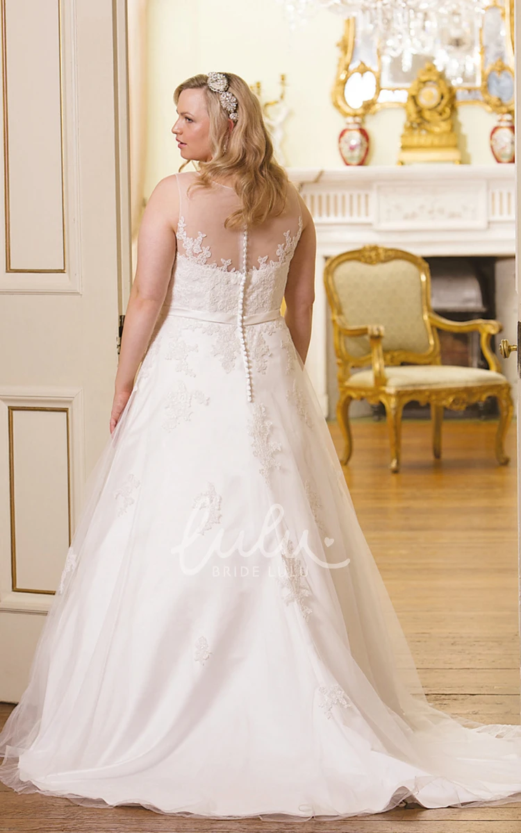 Plus Size A-Line Satin Wedding Dress with Appliques and Waist Jewelry