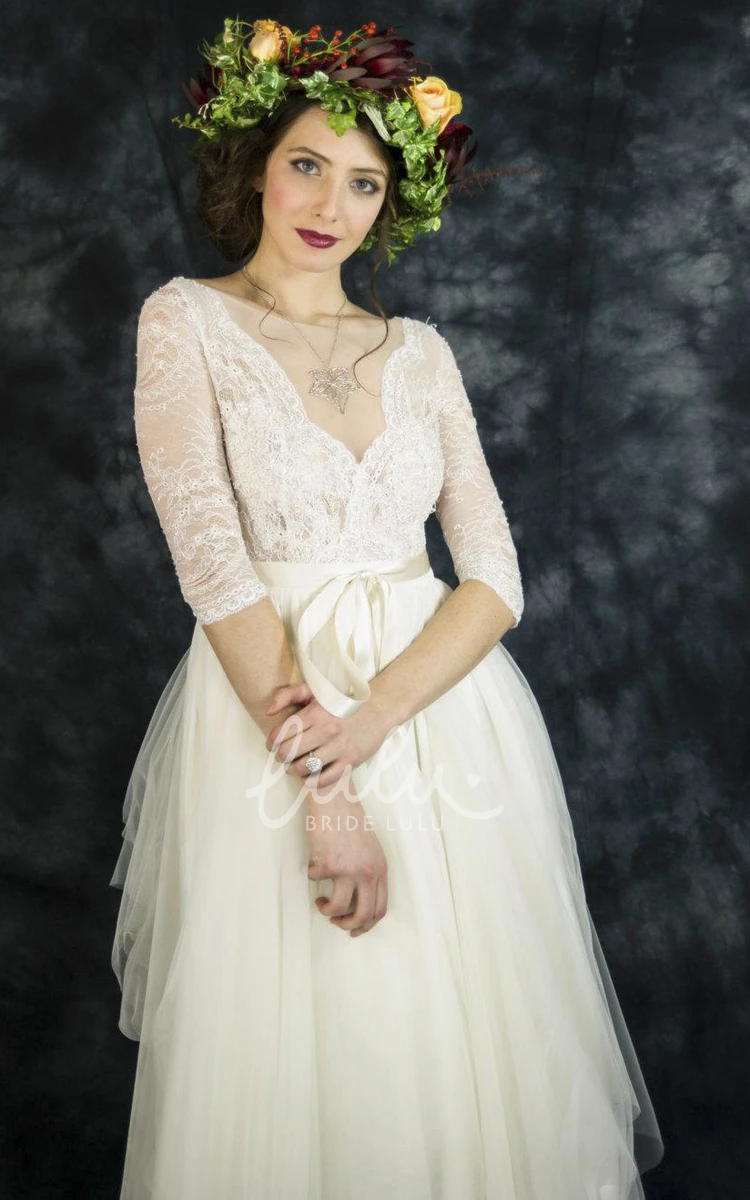 Bow Draping Vintage Half Sleeve Tulle Lace Wedding Dress