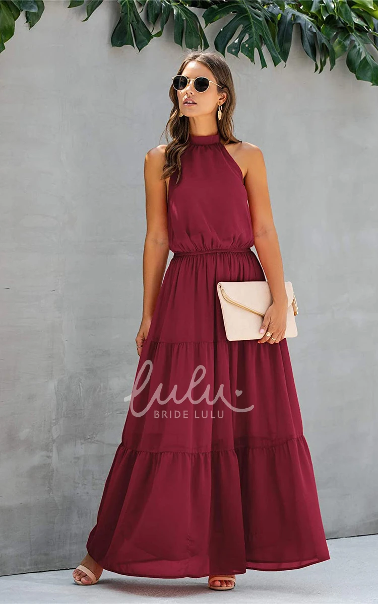 Chiffon A-Line Halter Sleeveless Evening Dress with Ruffles Casual Bridesmaid Dress