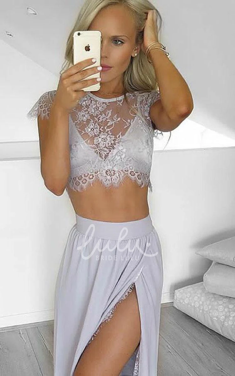 Chiffon Lace Two-Piece Prom Dress with Jewel Neckline and Cap Sleeves