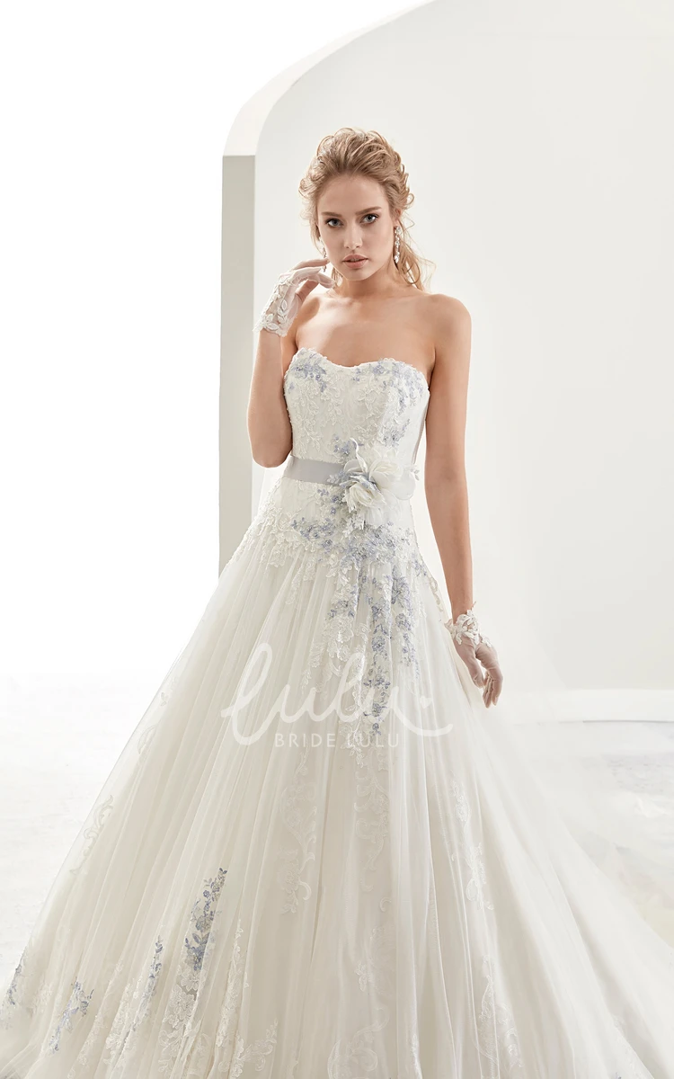 A-line Bridal Gown with Flower-sash and Fine Appliques