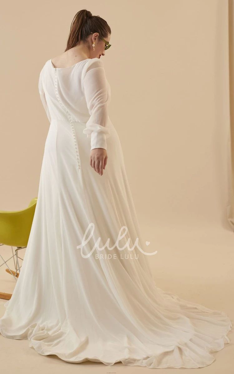 Romantic Chiffon Long Sleeve Wedding Dress with Floor-length and Button Detail