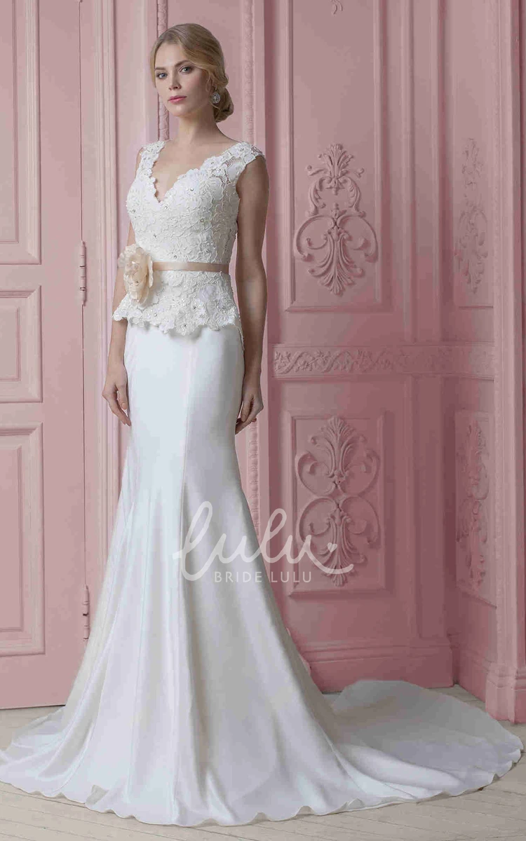 Appliqued Sleeveless Sheath V-Neck Wedding Dress Stretched Satin Bridal Gown