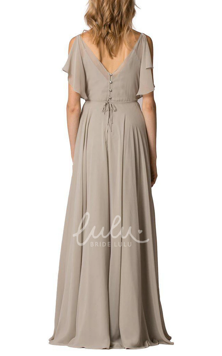 Button Back V-Neck Chiffon Dress with Floor-Length and Ruched Detail