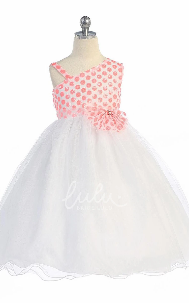 Sequin Flower Girl Dress with Tiers Tea-Length One-Shoulder Bowed Modern