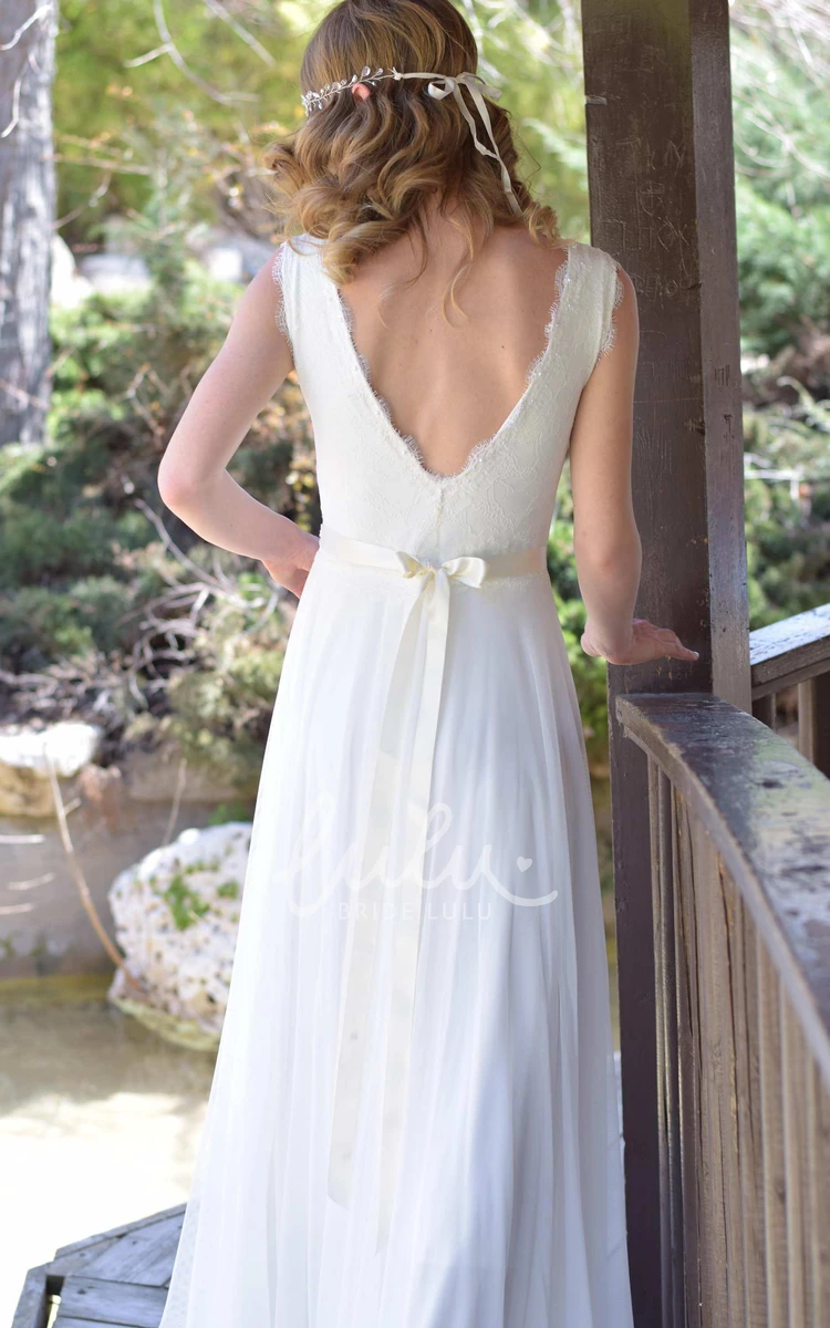 Sleeveless Chiffon Lace Wedding Dress with Plunging Neckline and Bow Detail