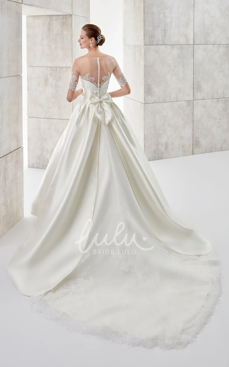 Satin A-Line Wedding Dress with Detachable Lace Coat and Back Bow