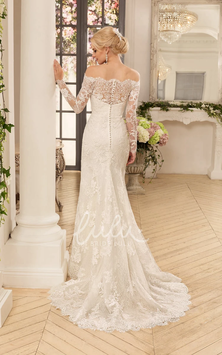 Off-Shoulder Lace Applique Sheath Wedding Dress Long Sleeve