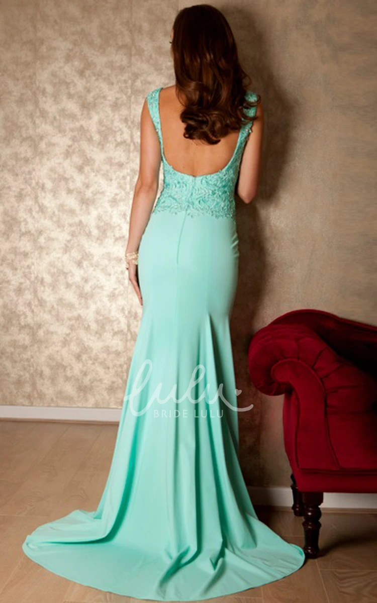 Appliqued Sleeveless Chiffon Prom Dress with Brush Train Flowy Women's Formal Dress