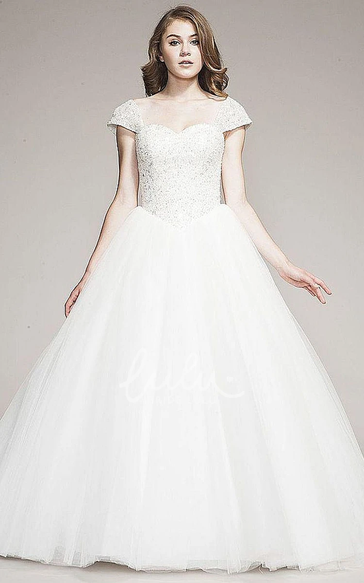 Tulle Wedding Dress with Cap Sleeves Ball Gown Style with Beading and Corset Back