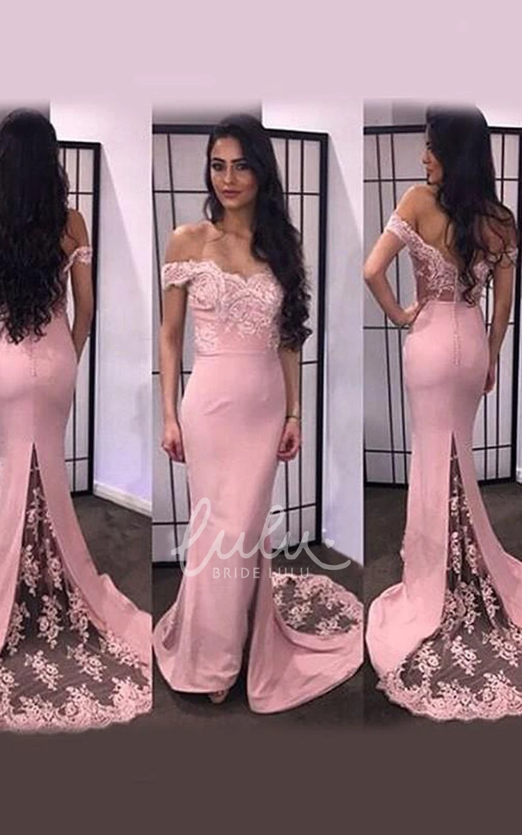 Off-the-Shoulder Trumpet Mermaid Lace Satin Dress with Sweep Brush Train