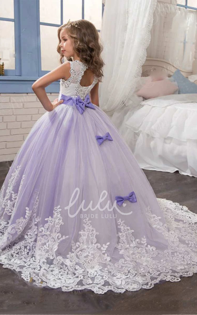 Floor-length Tulle Wedding Dress with Bow Ball Gown Sleeveless Scoop