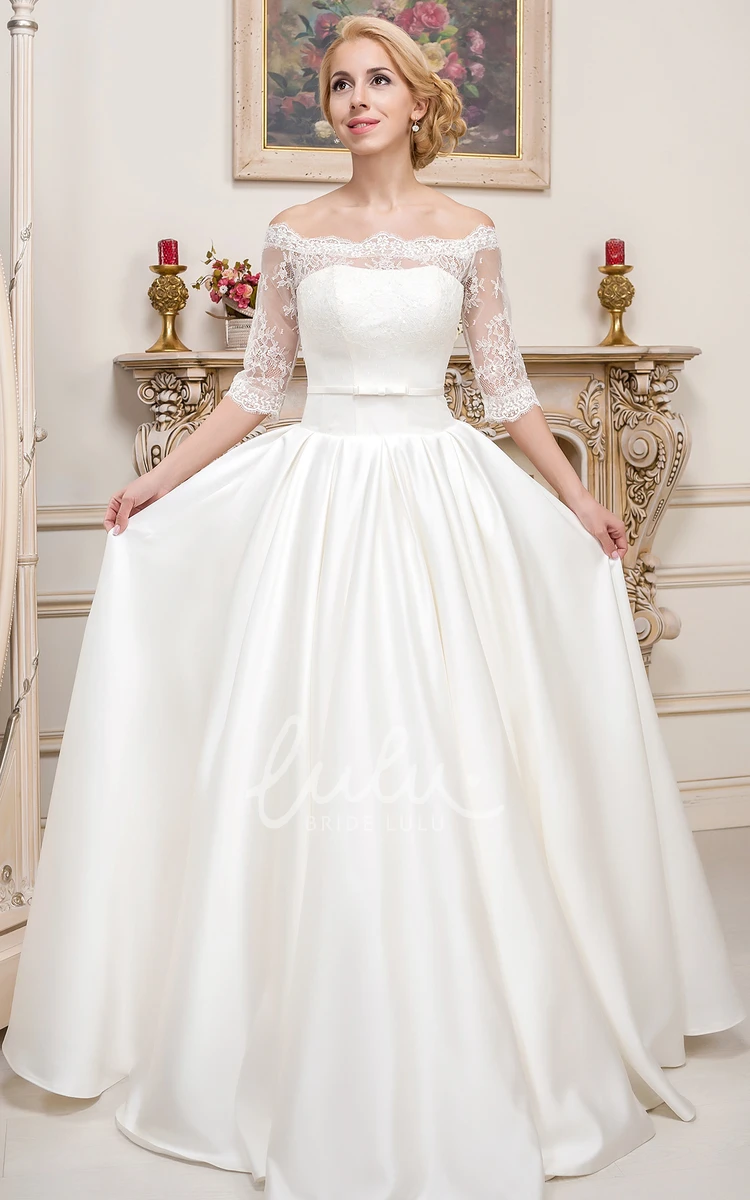 Off-The-Shoulder Lace Satin Wedding Dress Half-Sleeve Floor-Length