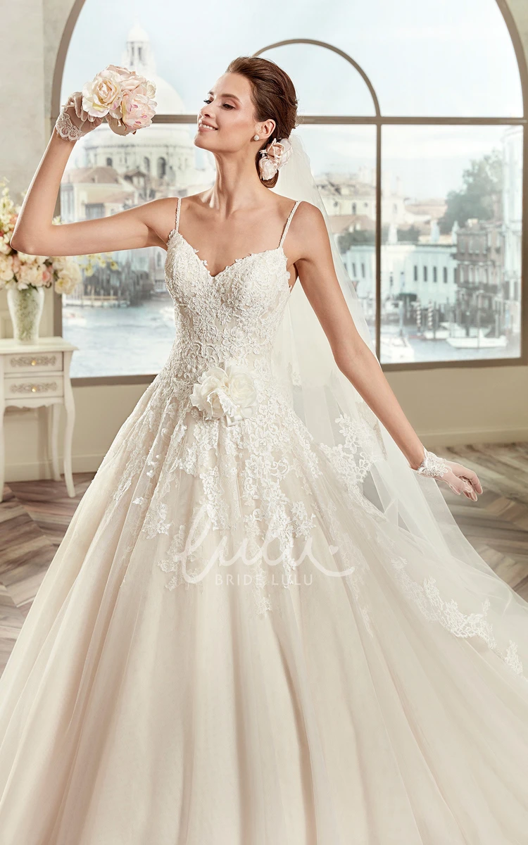 A-line Spaghetti Strap Wedding Dress with Floral Embellishments