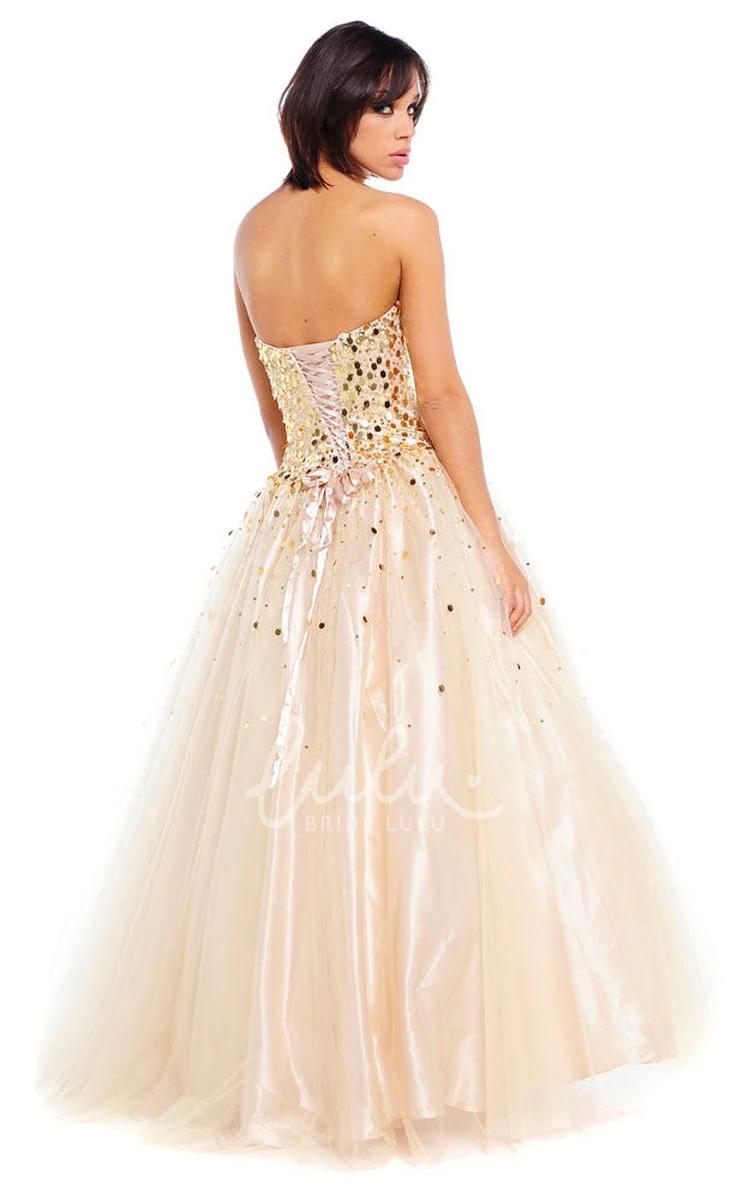 Beaded A-Line Strapless Satin Prom Dress with Lace-Up Back and Bow Floor Length