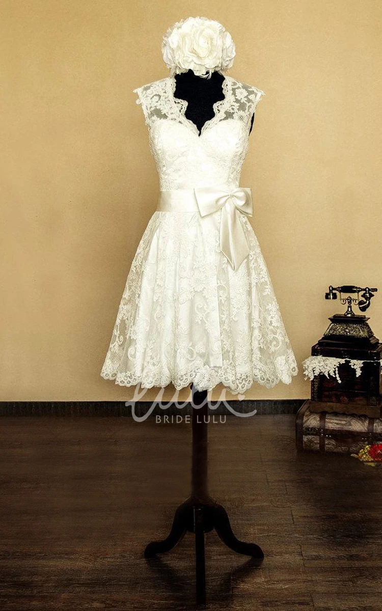 Lace V-Neck Sleeveless Wedding Dress with Keyhole Back and Floral Bow