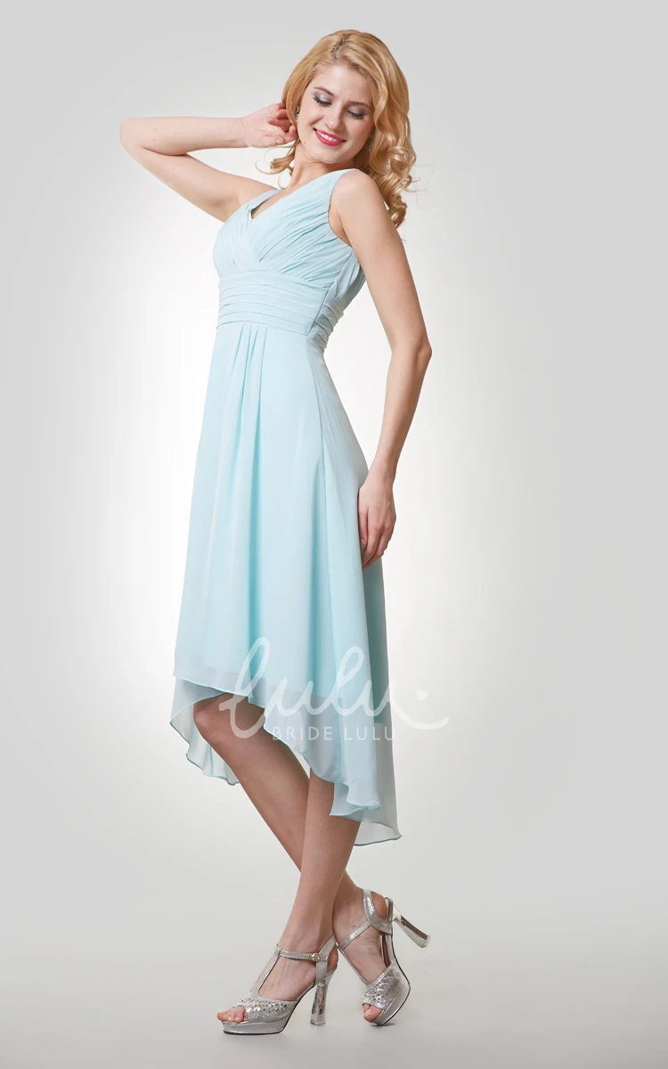 Sleeveless V-Neck Chiffon Bridemaid Dress with Ruching and High-Low Hem