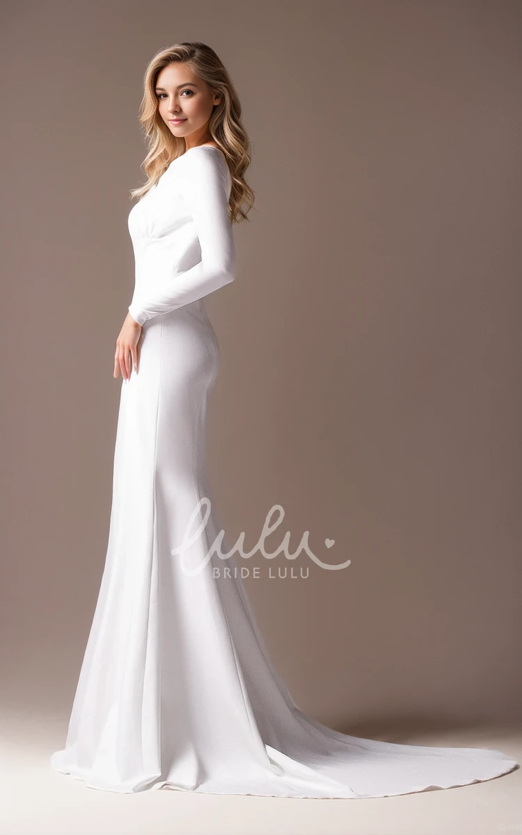 Simple Mermaid Jewel Neckline Long Sleeve Satin Court Wedding Dress with Split Front