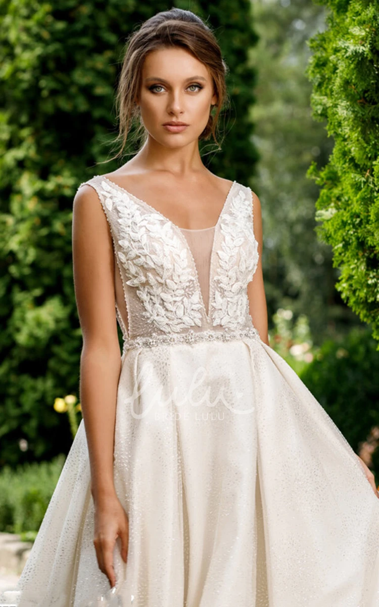 A Line Organza Wedding Dress with Plunging Neckline and Pockets Ethereal Wedding Dress