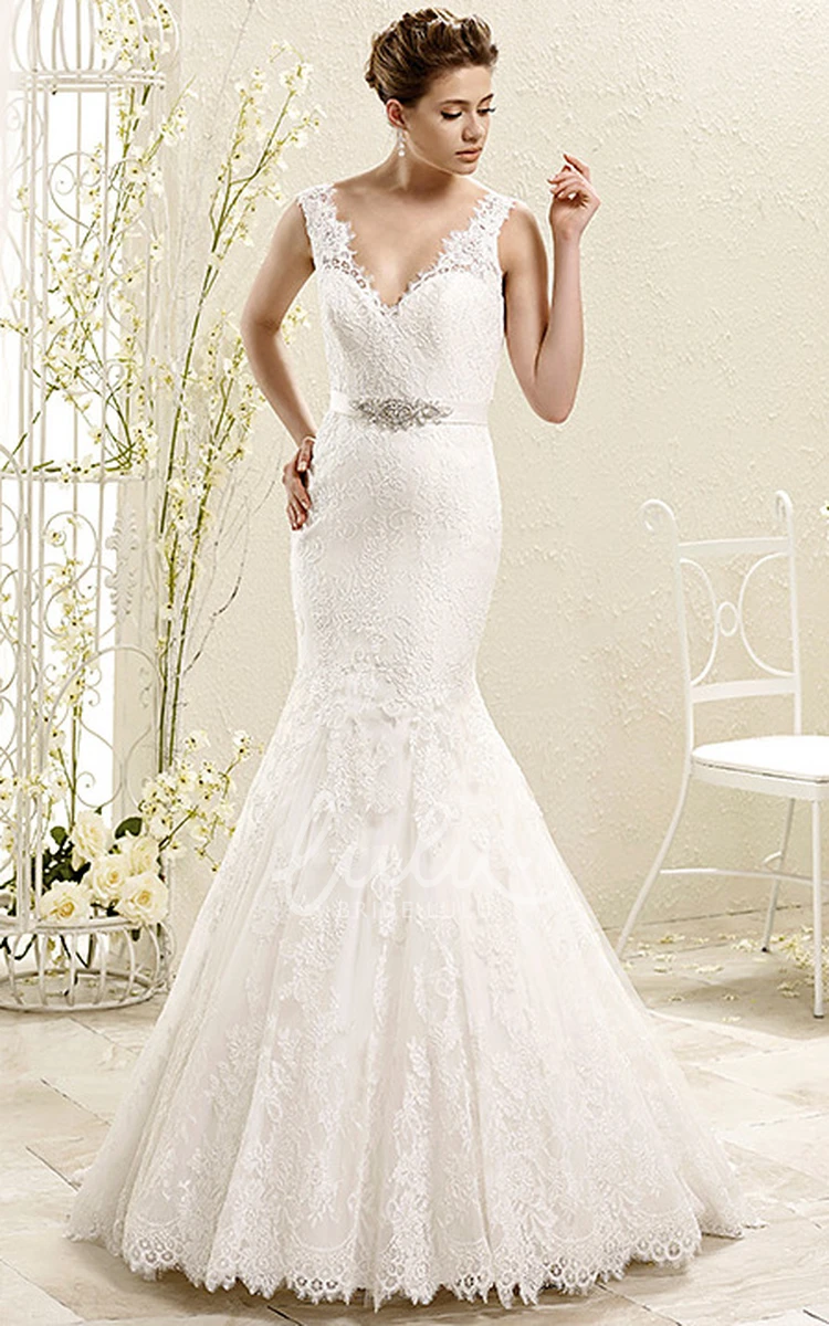 Lace Mermaid Wedding Dress with Waist Jewelry Floor-Length V-Neck Sleeveless