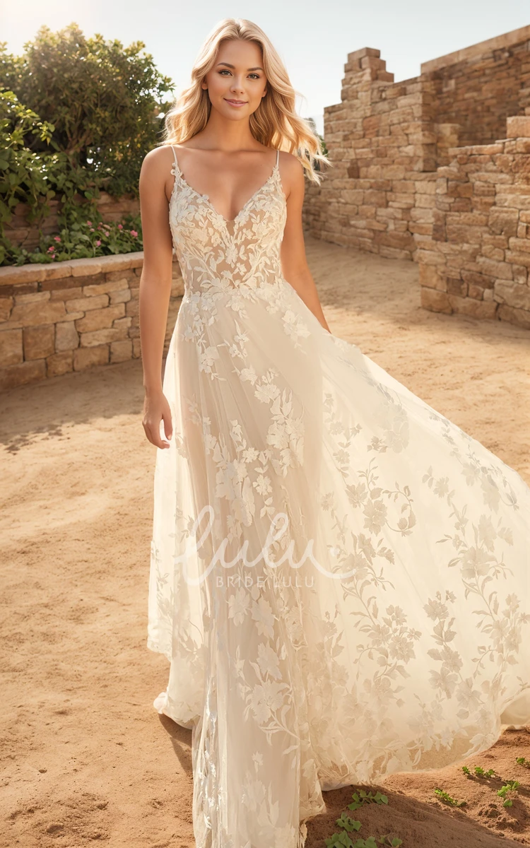 Flowy Summer A-Line Modest Lace Wedding Dress with Sexy Straps Open Back Sweep Train