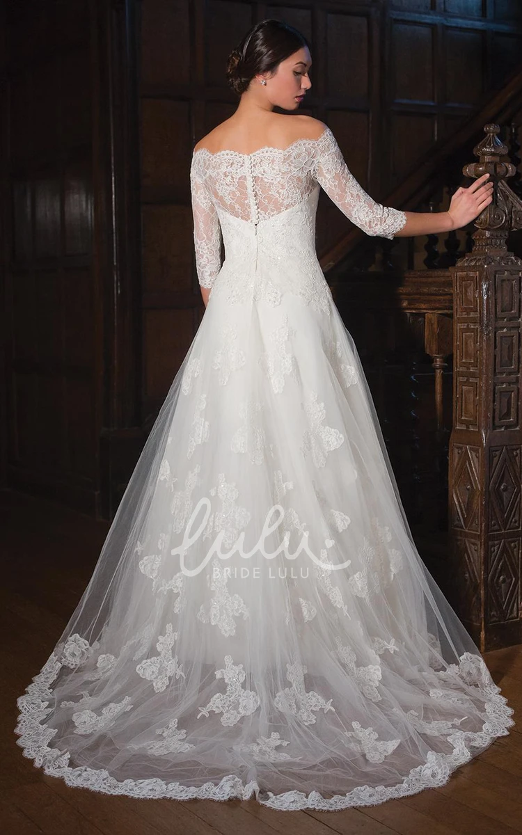 A-Line Illusion Lace&Tulle Wedding Dress with Off-The-Shoulder Sleeves