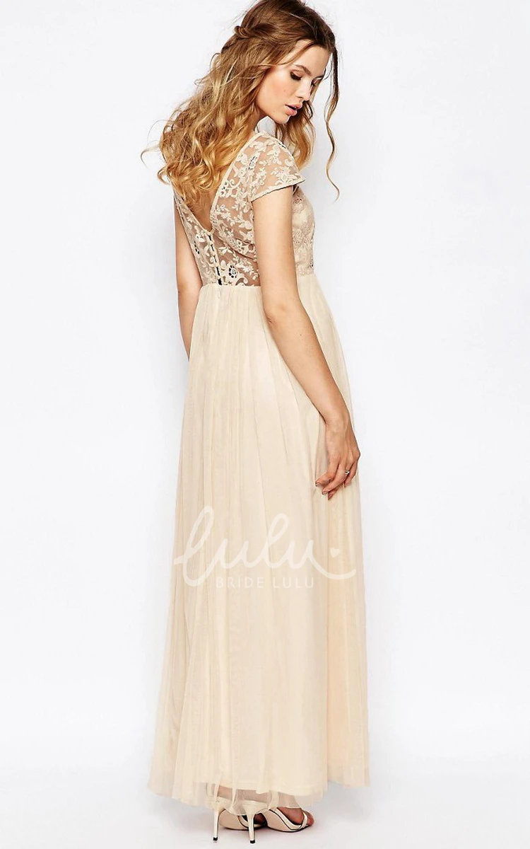 Appliqued Cap Sleeve Tulle Bridesmaid Dress with Scoop Neck Ankle-Length