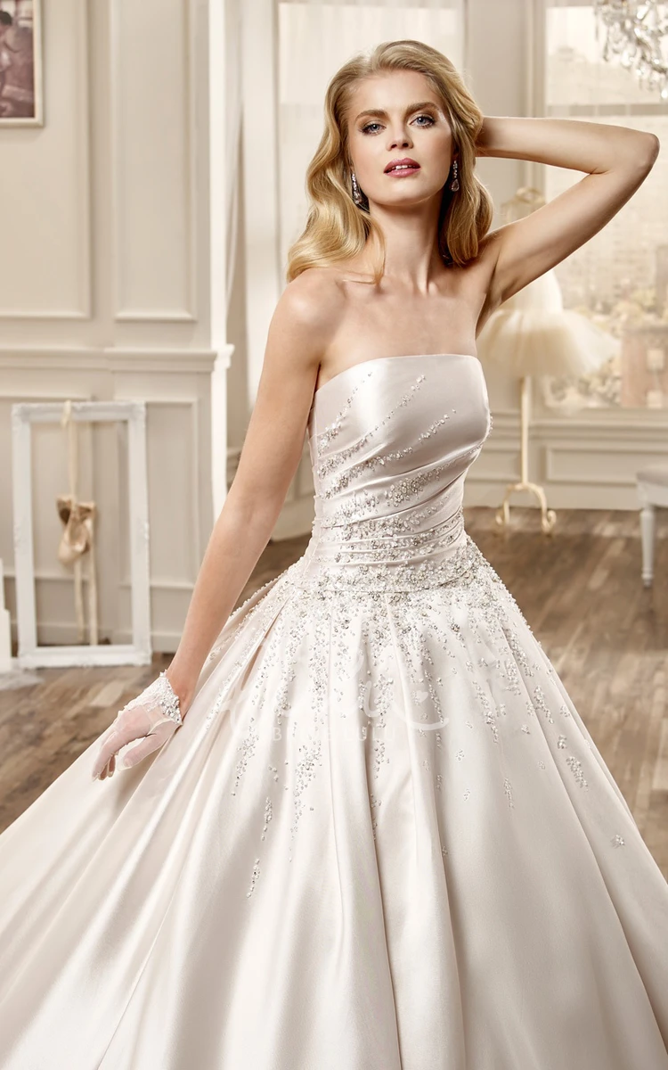 Satin Beaded Strapless Wedding Dress with Chapel Train Elegant Bridal Gown