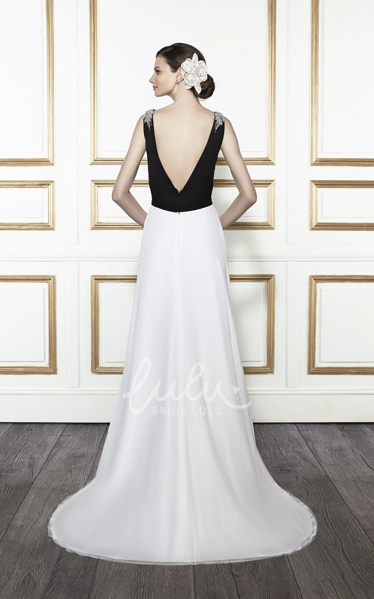 Sleeveless V-Neck Satin Wedding Dress with Epaulet and Deep-V Back Elegant Bridal Gown