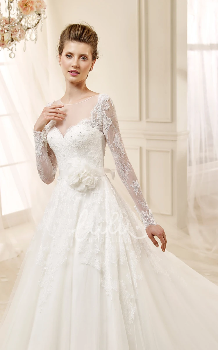 Long-sleeve A-line Wedding Dress with Flower and Illusive Design Modern & Unique Wedding Dress