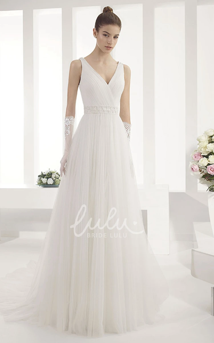 Criss Cross A-Line Tulle Dress with V Neckline
