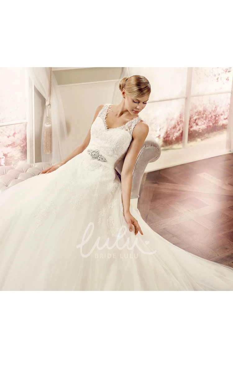 V-Neck Tulle Ball-Gown Wedding Dress with Illusion Back Flowy Bridal Gown
