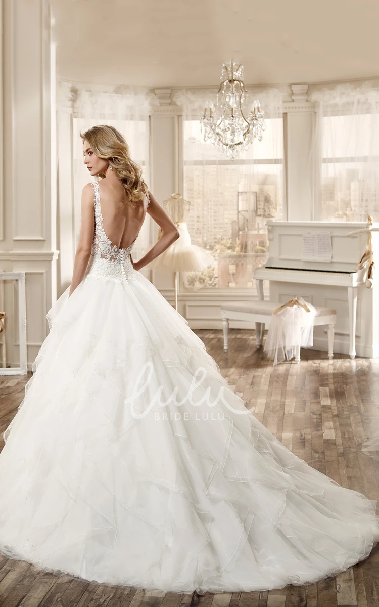 Low-V Neck Ruching Wedding Dress with Open Back Flowy Beach Wedding Dress