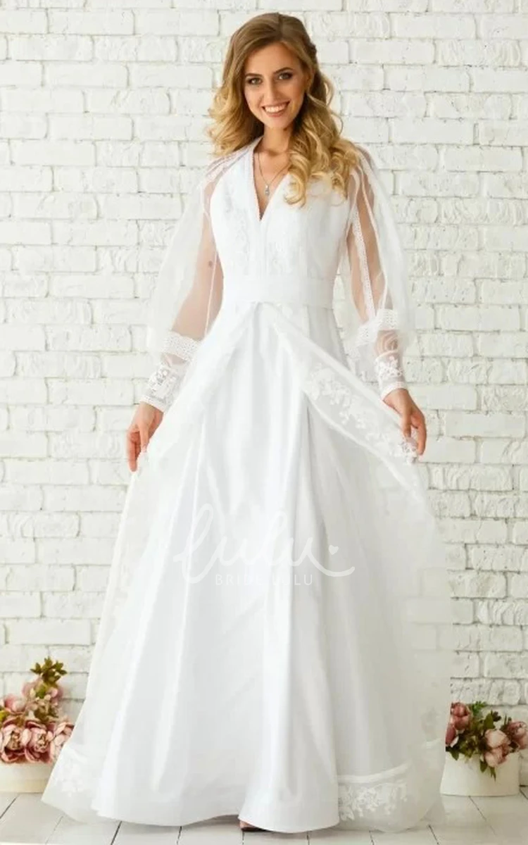 Chiffon V-neck A-line Long Sleeve Wedding Dress Simple and Graceful