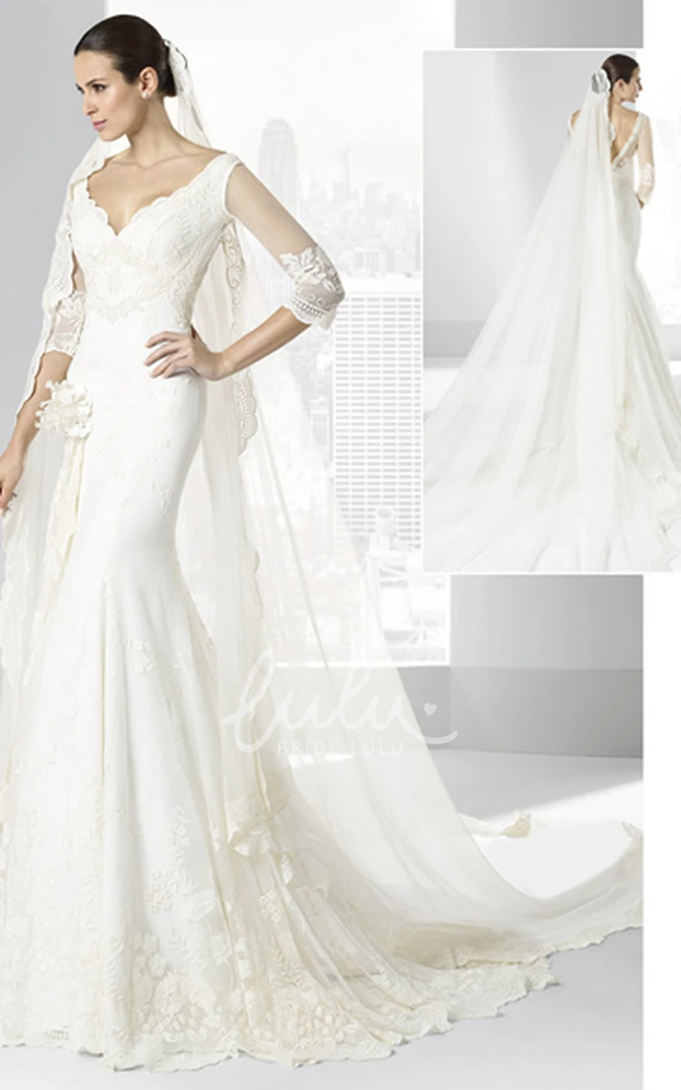 V-Neck Half-Sleeve Lace Trumpet Wedding Dress with Appliques and Deep-V Back Modern Bridal Gown